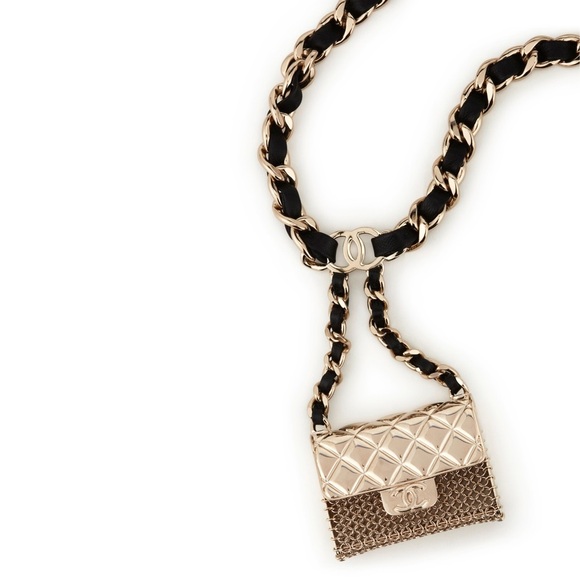 Chanel Gold and Black Micro Classic Flap Necklace in Metal and Lambskin Leather main image 12
